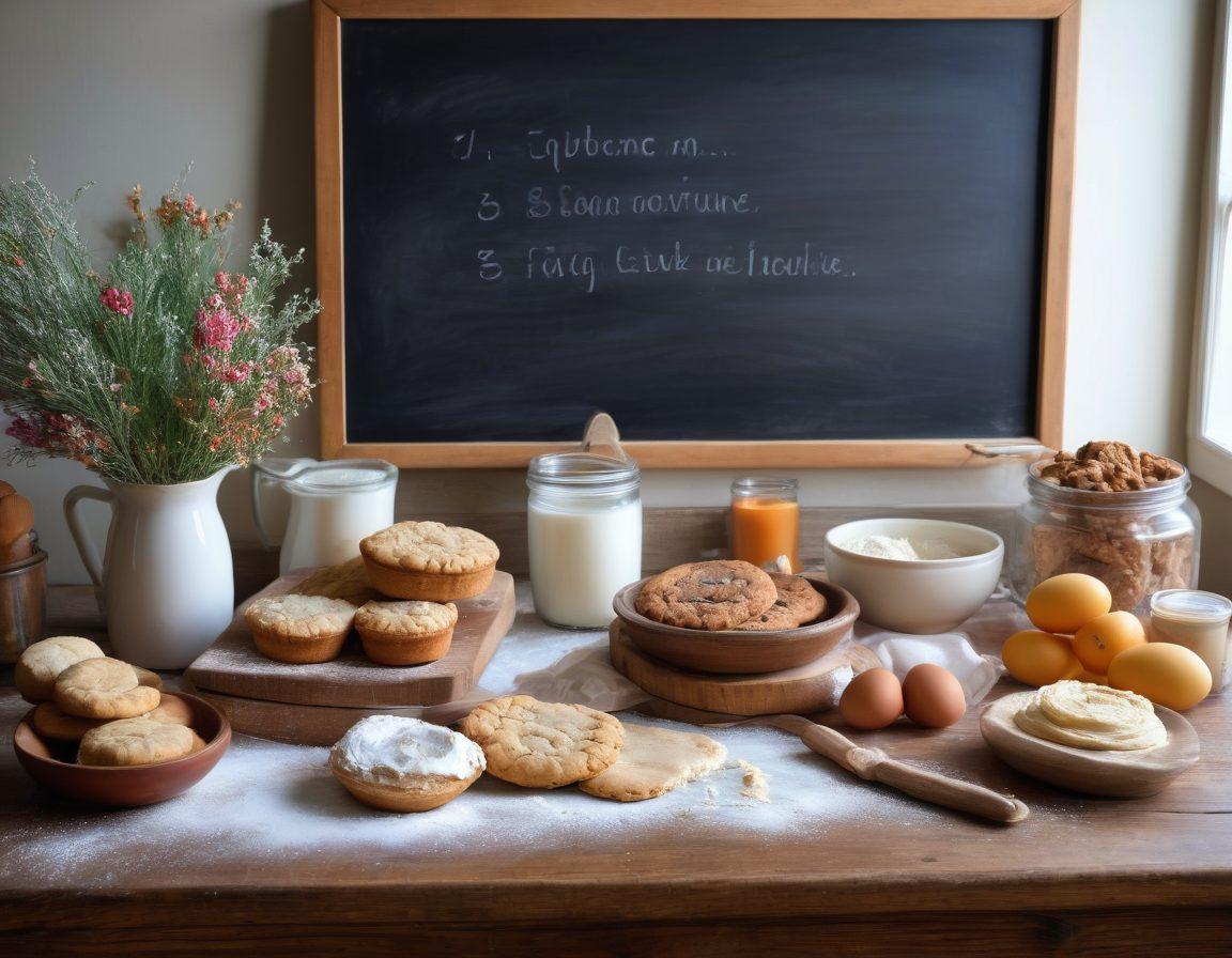 A cozy kitchen setting with a rustic wooden table filled with various baking ingredients like flour, eggs, and sugar. Include whimsical baking tools like measuring cups and a rolling pin, alongside fresh baked goodies like cookies and cakes displaying colorful frosting. In the background, a chalkboard mural showcasing easy recipe steps adds a playful touch. Soft natural lighting enhances the warm atmosphere. vibrant colors. painting.