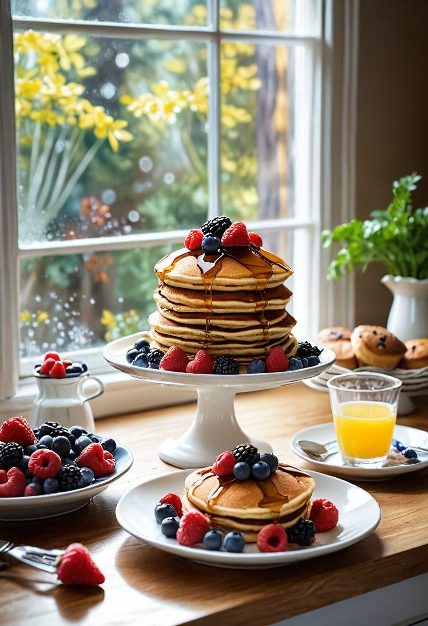 A cozy kitchen scene featuring a stack of gourmet pancakes topped with fresh berries and maple syrup, alongside a plate of perfectly baked muffins. The background showcases an array of colorful ingredients like flour, sugar, and eggs, with a whisk and mixing bowl elegantly placed. Soft morning light filters through a window, creating an inviting and warm atmosphere. watercolor style. vibrant colors.