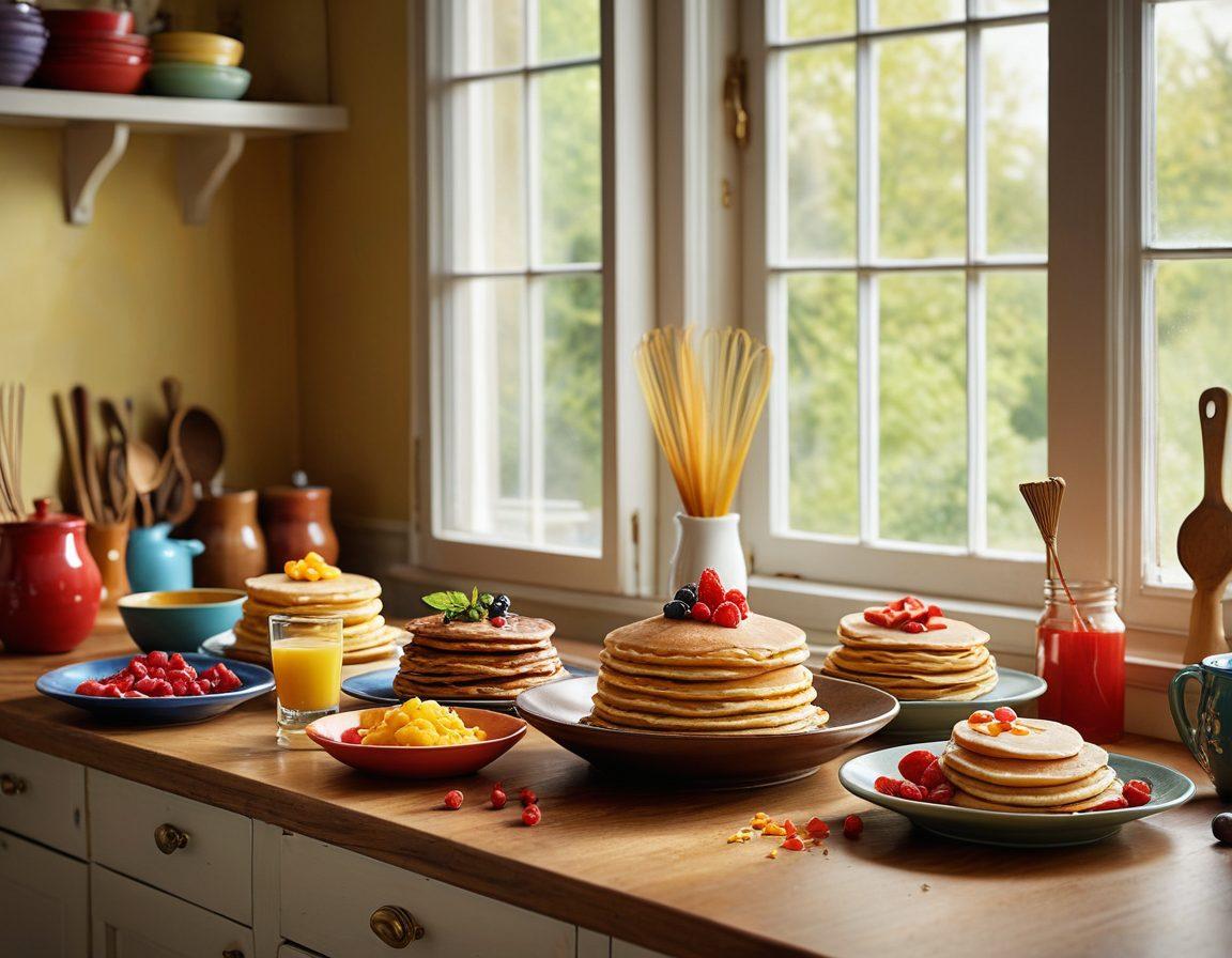 An elegant kitchen scene showcasing a variety of batters in colorful mixing bowls, with a whisk in mid-air capturing the motion of mixing. Surrounding the bowls are mouthwatering dishes made from the batters, like fluffy pancakes, rich cakes, and savory crepes. Soft natural light filters through a window, highlighting the textures and colors of the ingredients. The overall composition should evoke a sense of culinary creativity and joy. bright and inviting. vibrant colors. super-realistic.
